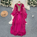 Fashionfashionableheavy industrylacepatchworkv neckbat sleeve strap waist dress women's vacation style tassel long skirt