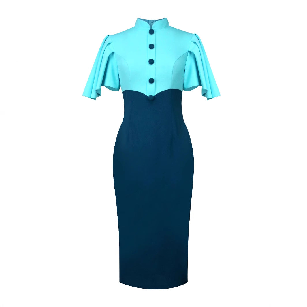 Cross-border new retro semi-turtleneck contrasting color lotus leaf sleeve dress, high waist slim and elegant party dress