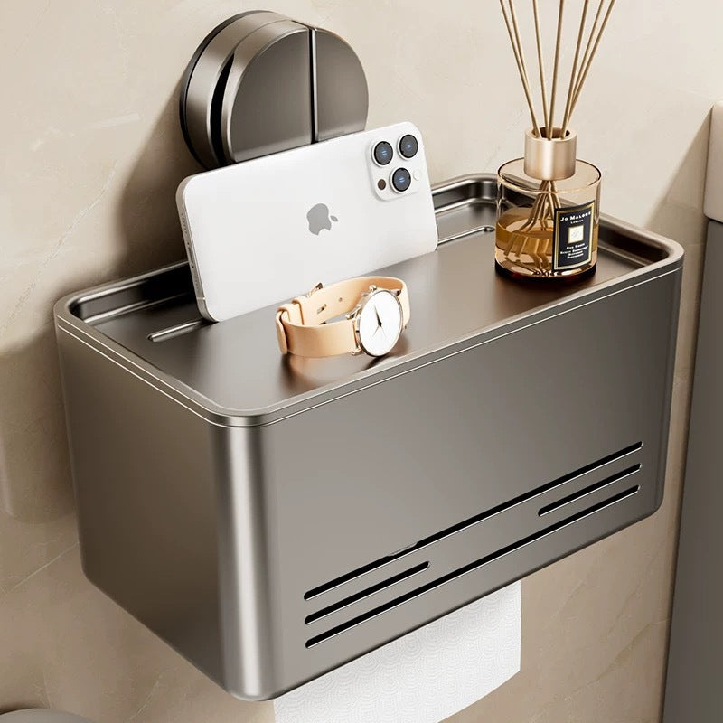 Bathroom suction cup tissue box wall mount - no drilling required - toilet paper holder for roll and sheet tissue - storage rack