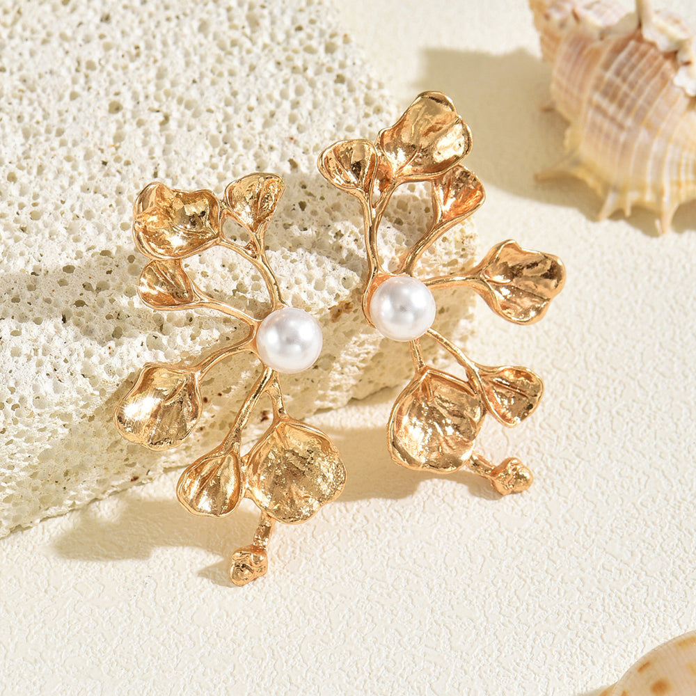 Wholesale faux pearl earrings - european & american style, vintage long gold leaf earrings, minimalist statement geometric studs