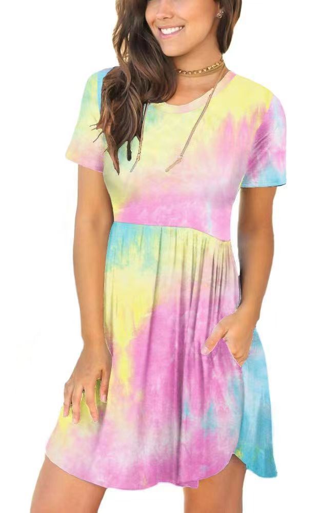 european and american  women's casual crew neck printed pullover short sleeve ruched pocket dress