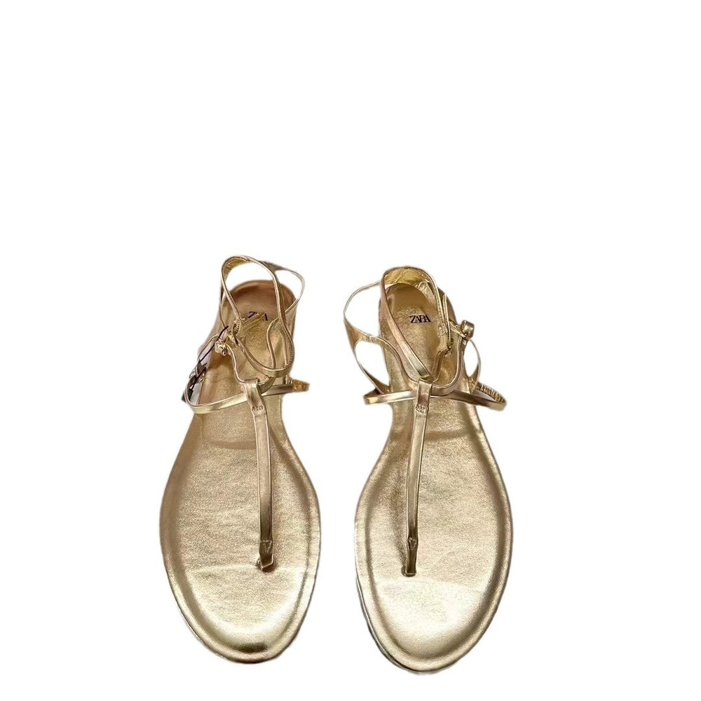 2024 summer new arrivals: gold metallic leather thong sandals - casual, flat, beach-ready slides for women
