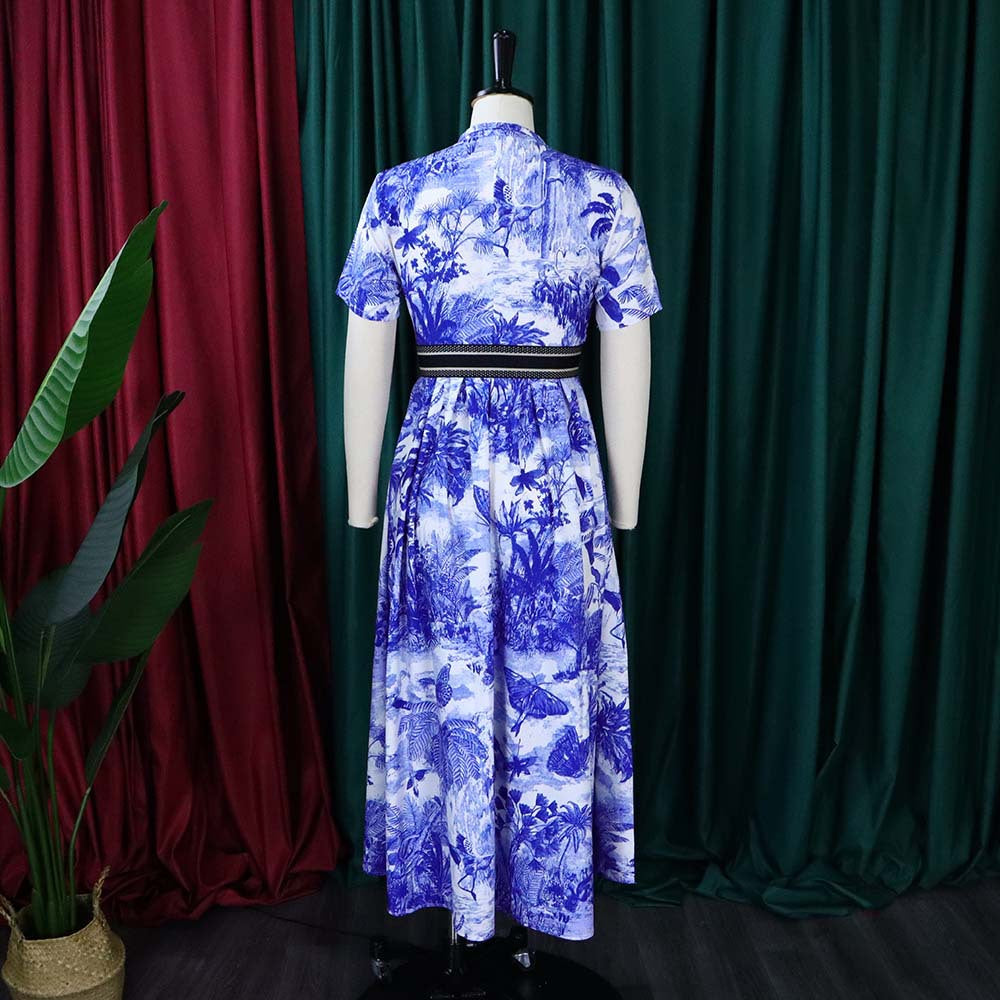 D3337 women's foreign trade dress -  fashion, european & american style, summer chic, printed short sleeve, flared hem, plus size foreign trade dress