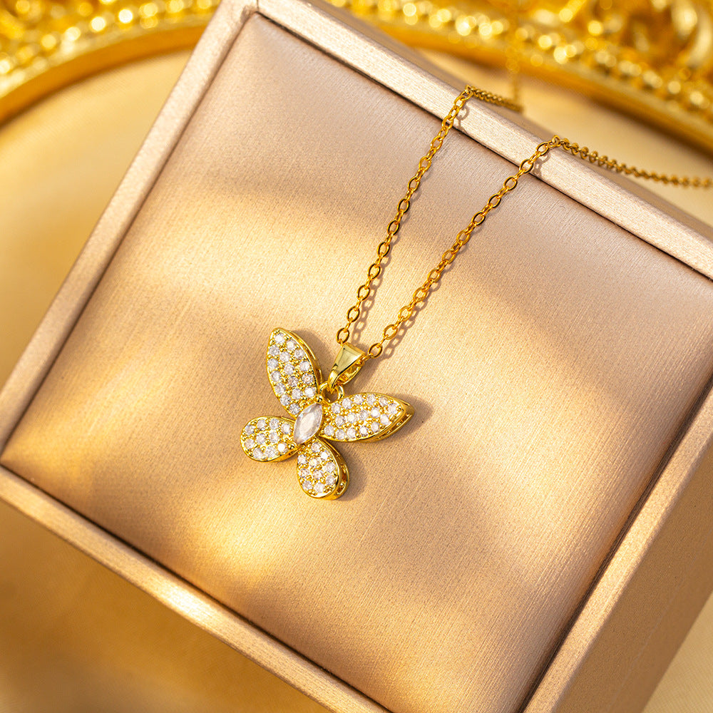 【titanium steel】luxury butterfly necklace for women - stainless steel, new design, unique, high-end copper inlaid with zircon jewelry set