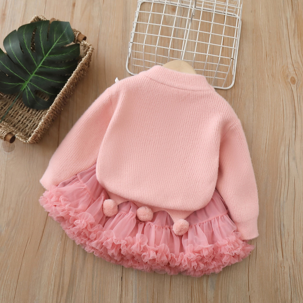 fall/winter new girls' sweater and tutu skirt set - handmade floral knit puffy skirt outfit for little girls
