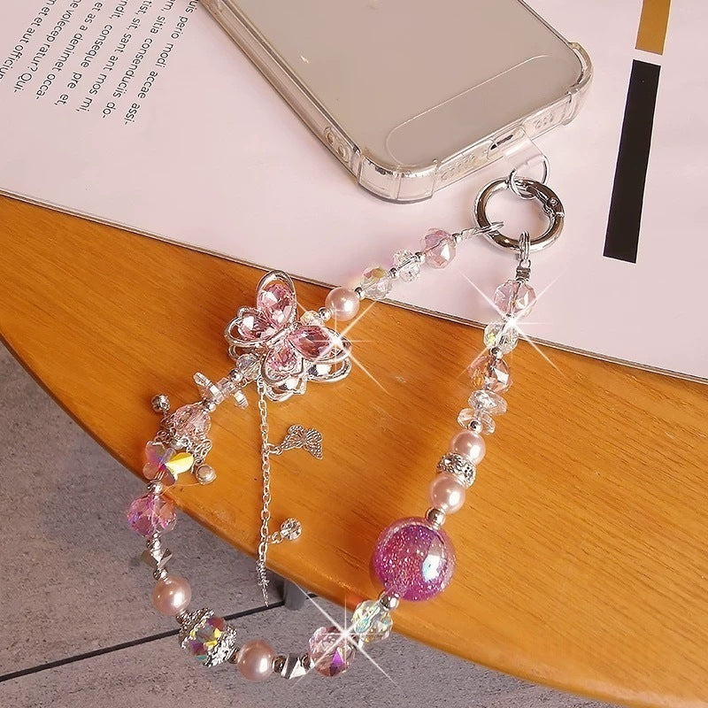 Classy heavy industry diamond-encrusted butterfly pendant colorful round beads ins style crystal beaded bag wrist style mobile phone chain