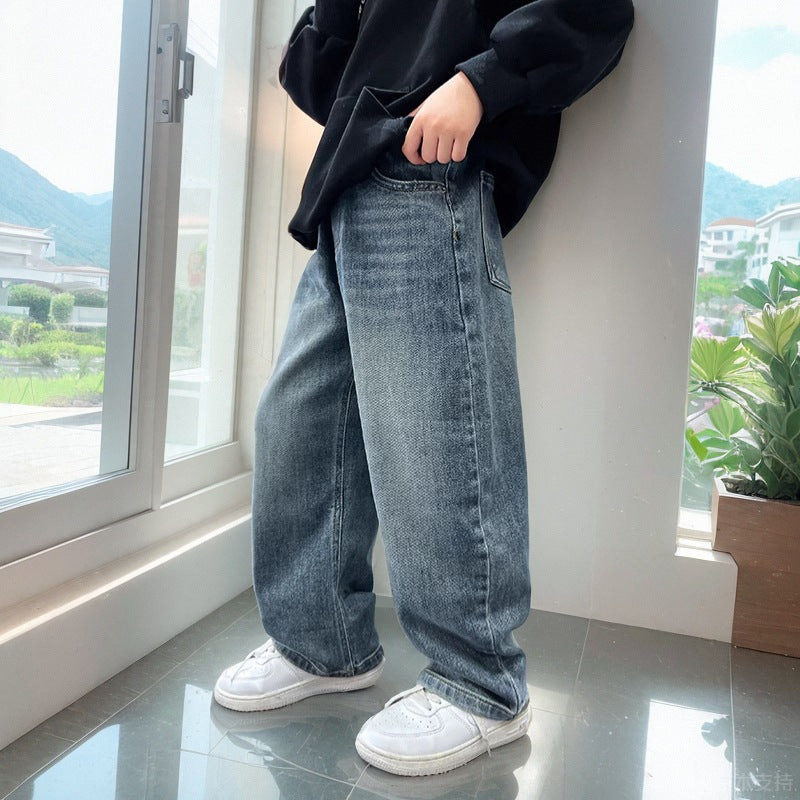 New boys' jeans: spring/autumn wide-leg, straight-leg trousers for kids, stylish boys' clothing, casual pants for teenagers