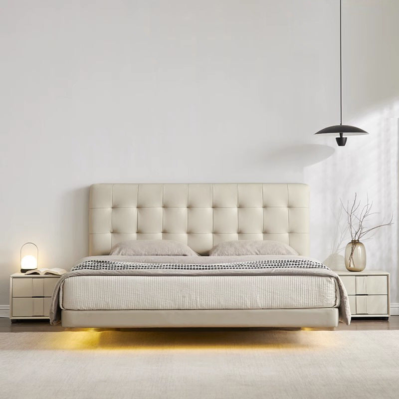Waffle grids italian normcore genuine leather suspended bed popular cream style white soft bag classy master bedroom wedding bed