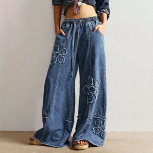 European and american style elastic waist drawstring wide leg jeans for women - raw hem, floral appliqué, loose fit, flowy, floor-length trousers