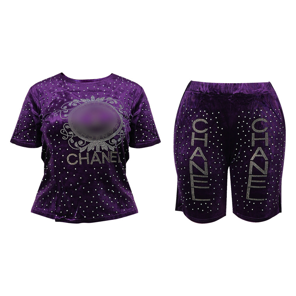 supply  african women's clothing plus size t-shirt + shorts hot diamond beaded letter sports suittwo-piece set