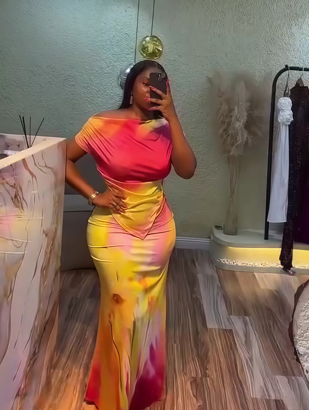 European and american cross-border women's fashion  autumn new arrival: off-the-shoulder irregular print top and slim-fit a-line skirt two-piece set