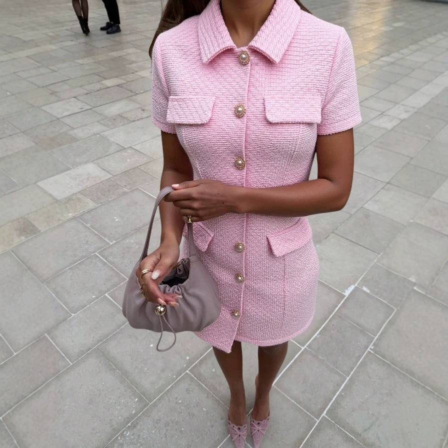 new arrivalfrench tweed style round neck short sleeve knitting pink dress