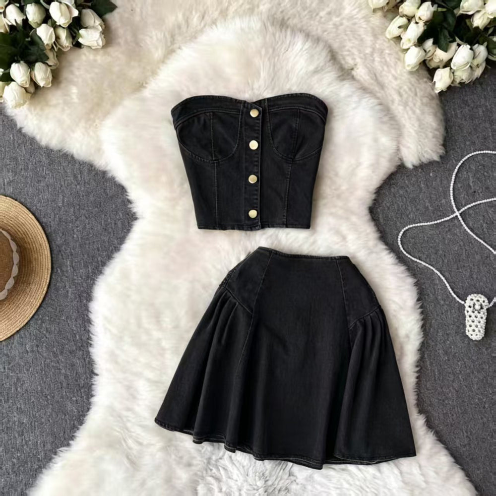 Sweet and edgy girl's summer outfit: cropped denim tube top and high-waisted a-line skirt set