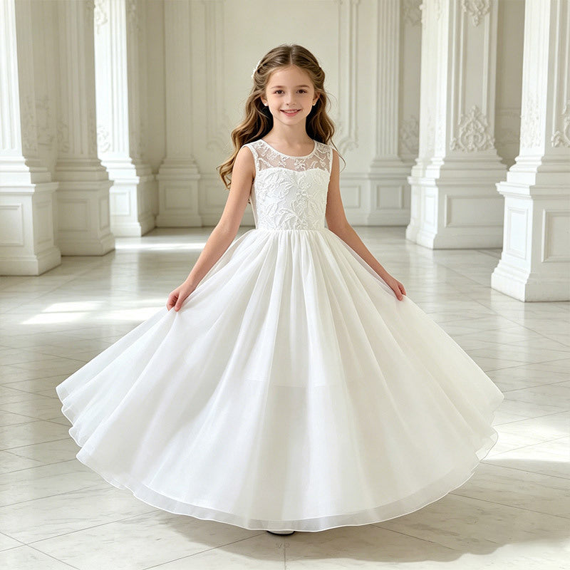 export girls' european and american style white wedding dress lace patchwork long dress chiffon summer holiday vacation dress