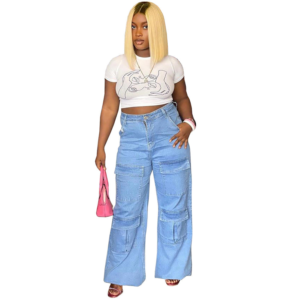 Fashionexport women's clothing  street trendy washed high waistjeans large flap pocket pantsloosecasualstraight-leg pants