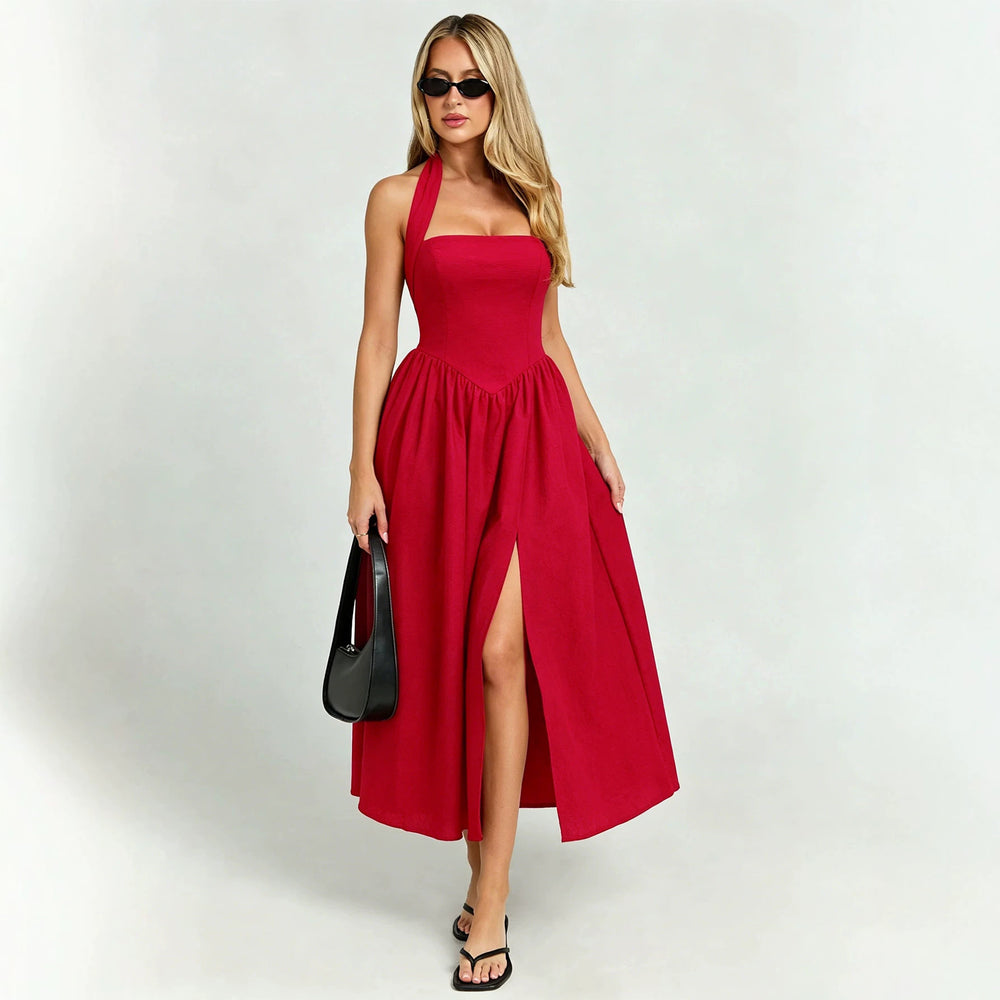 Frenchretrohaltertie backdress women's backless waist large slit red atmosphere vacation mid length skirt