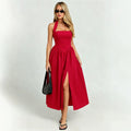 Frenchretrohaltertie backdress women's backless waist large slit red atmosphere vacation mid length skirt