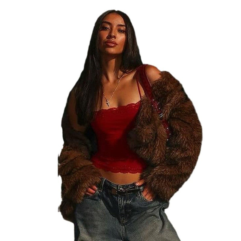 Summer American Spice Girl Lace Suspender Top One-word Skinny Short Tube Top Sexy Basic Versatile Vest