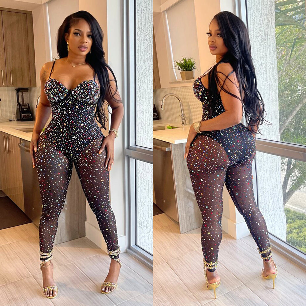 C6780 cross-border   fashion women's solid color mesh rhinestone sleeveless pants jumpsuit