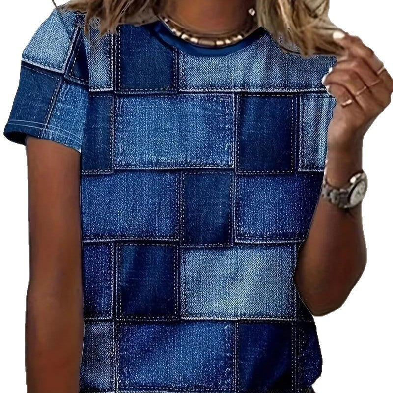 Amazon abstract short-sleeve t-shirt - crew neck, color block, casual pattern -  summer new arrival - slim fit top for women