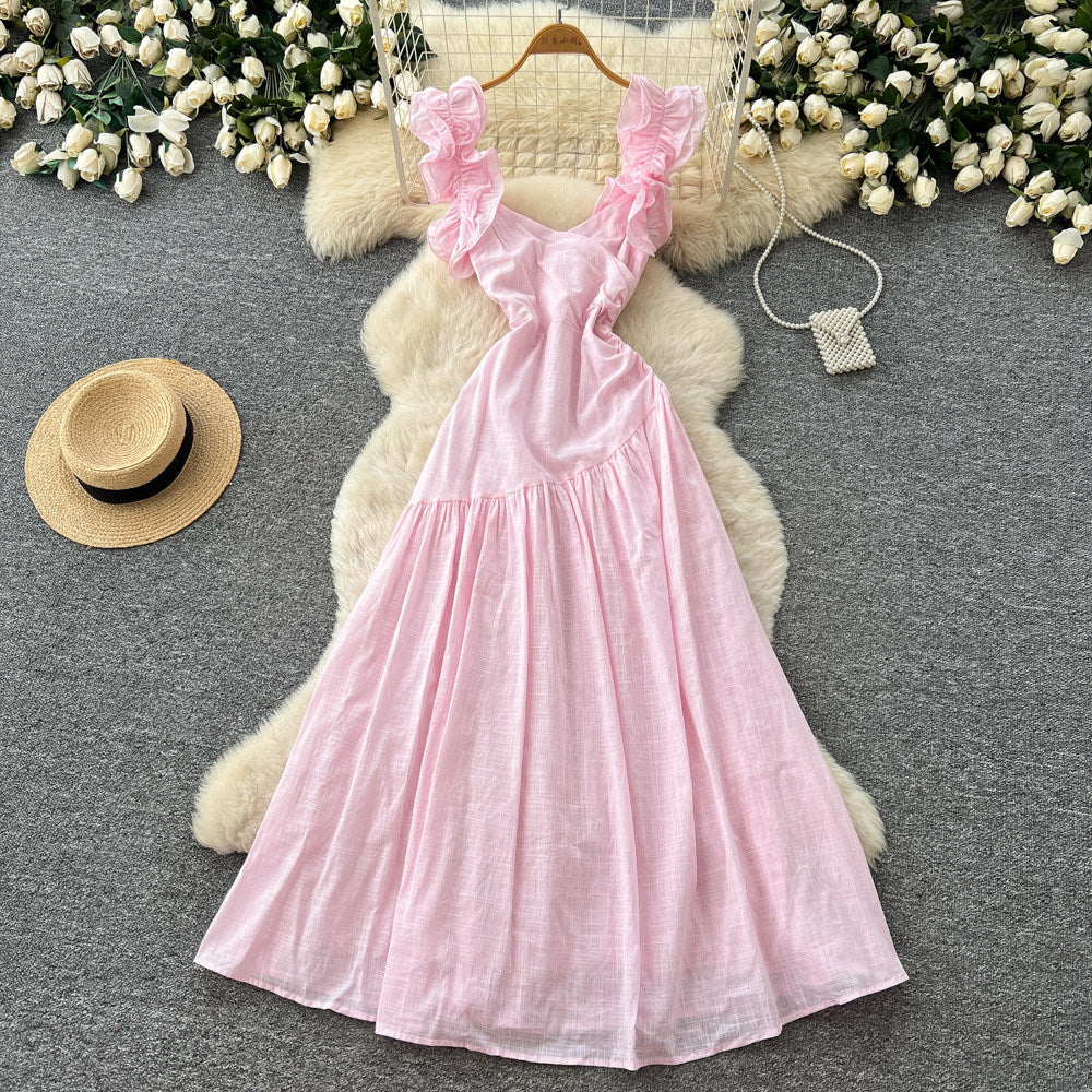 Frenchruffles square neck dress women's summernew arrivalk-stylehigh waistslimming look holiday styleelegant long skirt