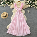 Frenchruffles square neck dress women's summernew arrivalk-stylehigh waistslimming look holiday styleelegant long skirt