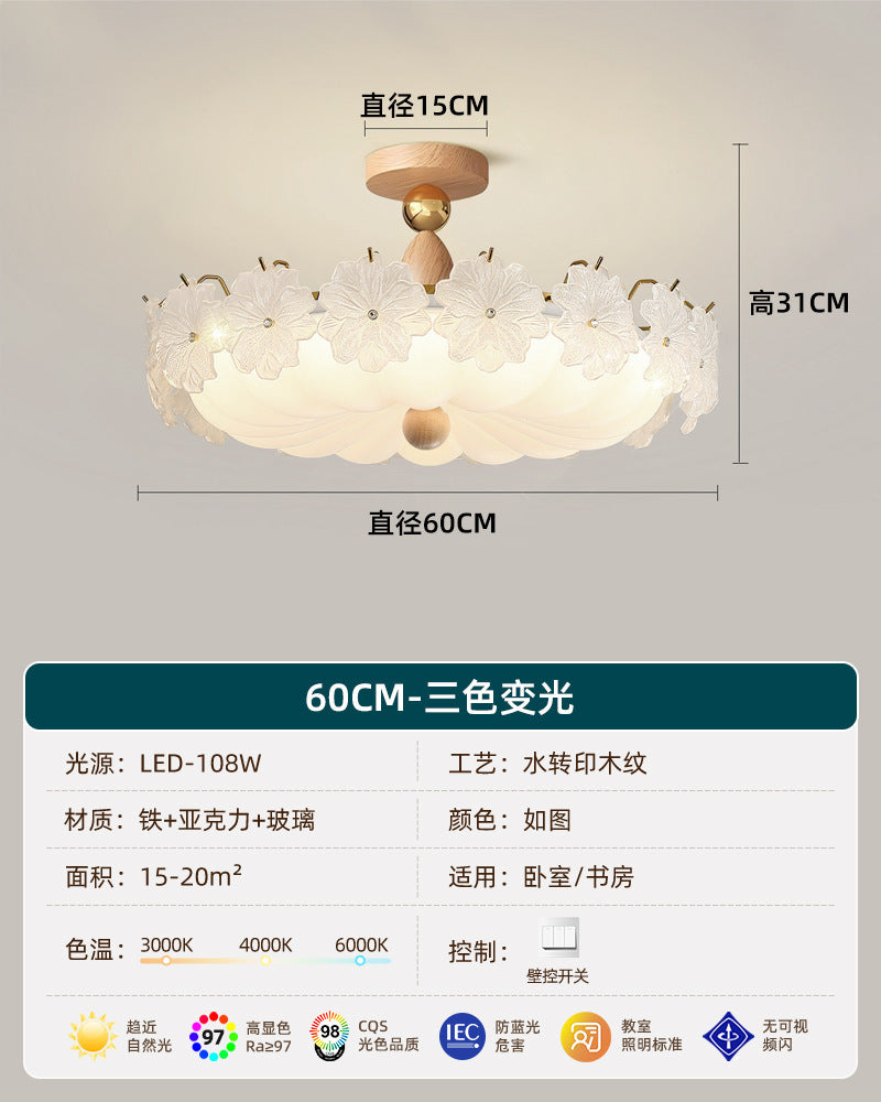French retro embossed glass flower round ceiling light - walnut wood, soft light, cream style - perfect for kids' rooms and bedrooms