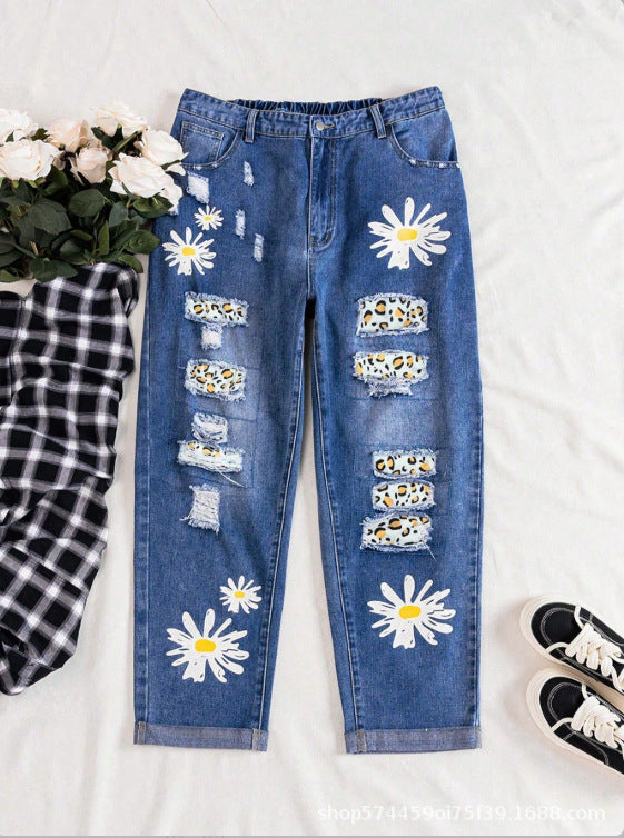 new arrivals: plus-size women's daisy patchwork denim jeans with frayed hem and distressed details - perfect for , , and european & american markets