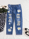 new arrivals: plus-size women's daisy patchwork denim jeans with frayed hem and distressed details - perfect for , , and european & american markets