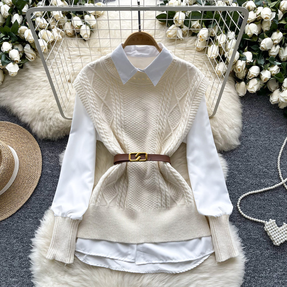 Layered shirt vest women's autumn two-piece set fashioneasiest for match sleeveless cable stitchknitting vest with long sleeves shirt