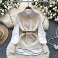 Layered shirt vest women's autumn two-piece set fashioneasiest for match sleeveless cable stitchknitting vest with long sleeves shirt
