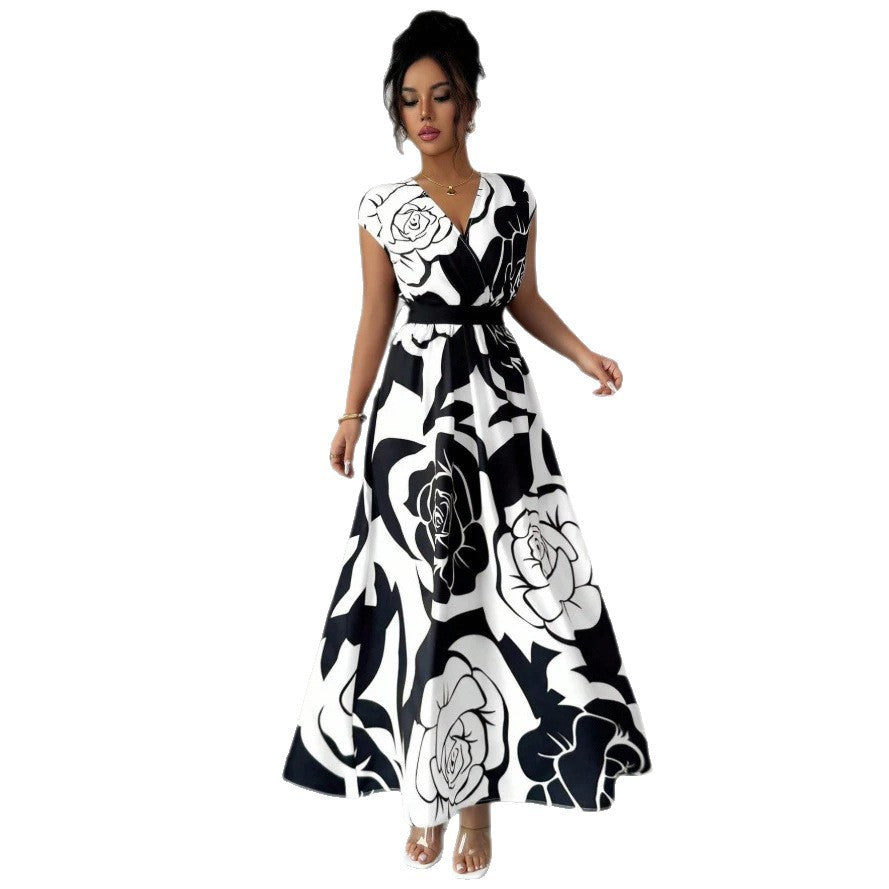 printed a-line dress - women's spring slim fit, waist-defining, figure-flattering, elegant v-neck dress