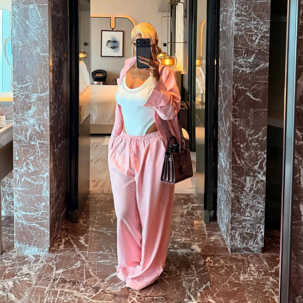 European and american cross-border women's clothing  summer new arrival: elegant casual loose fit turn-down collar long sleeve shirt and wide leg pants set