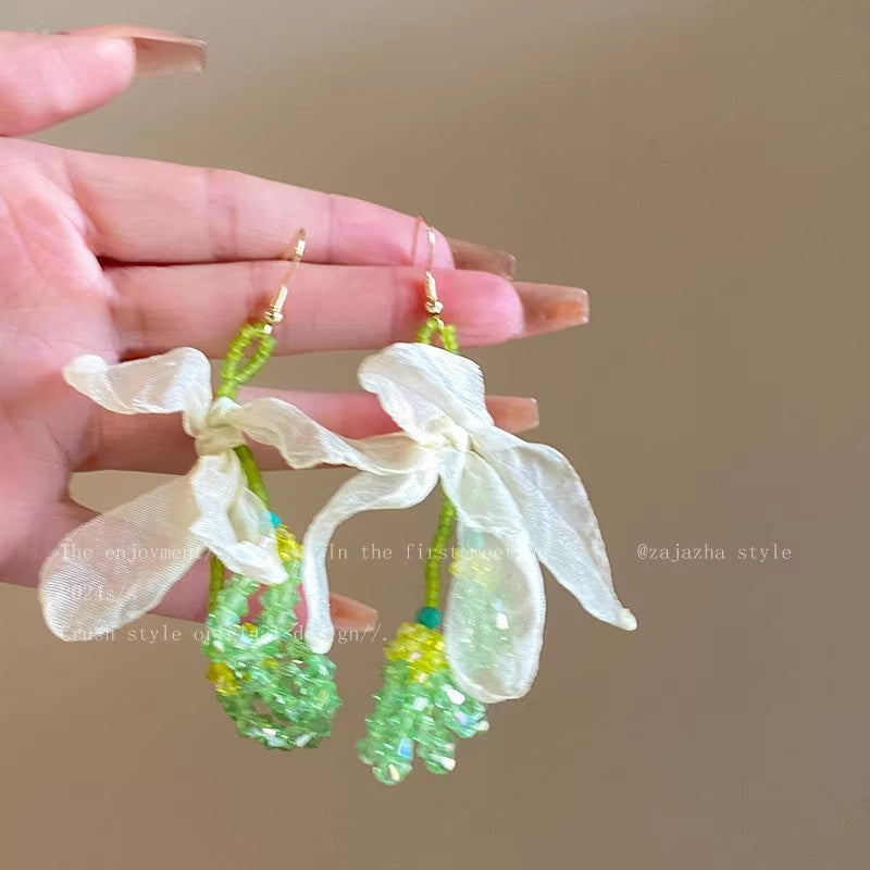 Green fresh beaded flower stud earrings long beach vacation style early spring earrings women's exaggerated stylish fashion earrings