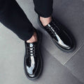 Teenage black british style leather shoes for men, korean style, trendy and versatile, round-toe lace-up casual shoes for students, men's patent leather shoes