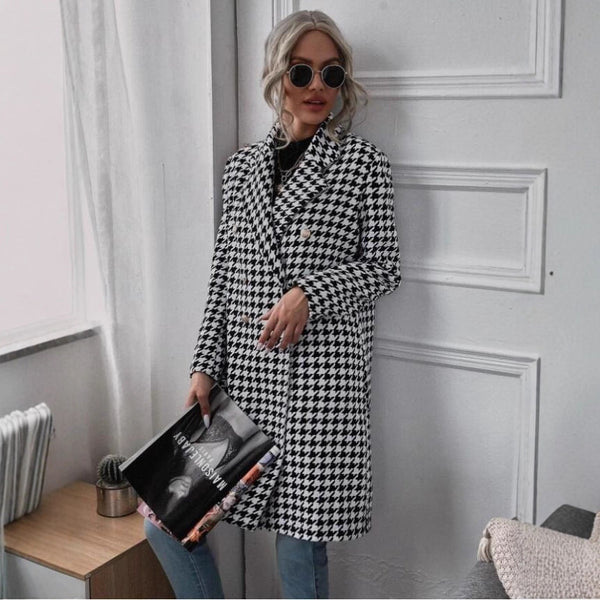 Cross-border European and American Express autumn and winter new fashion thousand bird grid coat printed long double-breasted woolen coat