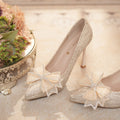 Champagne pointed toe high heels women's wedding shoes xiuhe wedding dress two-wear bridesmaid shoes rhinestone bows waterproof platform pueraria lobata