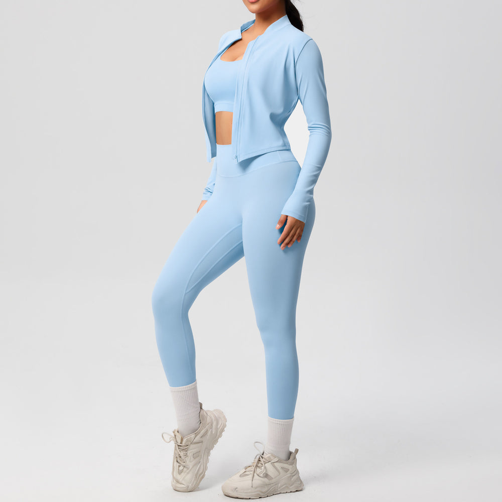 fashionpure color double-sided brushed tight sports yoga clothes three-piece set running fitness yoga clothes suit for women