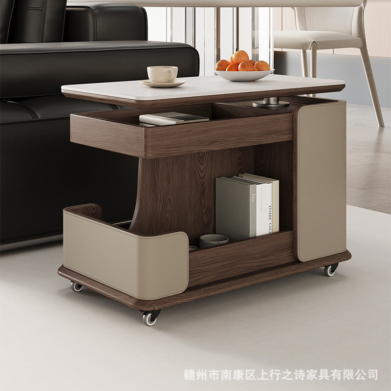 Solid wood smart movable side table trolley tea table for home living room small apartment sofa side cabinet adjustable coffee table slate