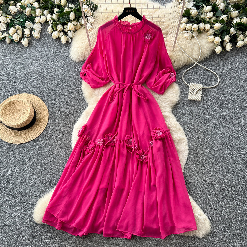 Qianjin feng accessible luxurysense of designstereo flower dress female summerlong sleeveshigh waista-line skirteleganceelegant