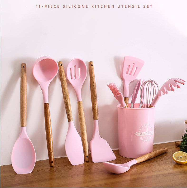 in stock silicone kitchenware for home non-stick pan cooking spatula baking colorful wooden handle kitchen supplies