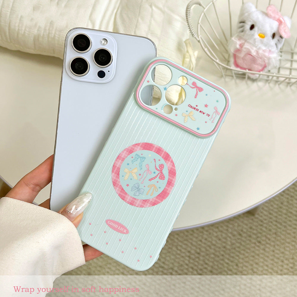 Suitable for iphone17pro mobile phone case ins fresh plaid round bow contrasting color iphone18 protective cover