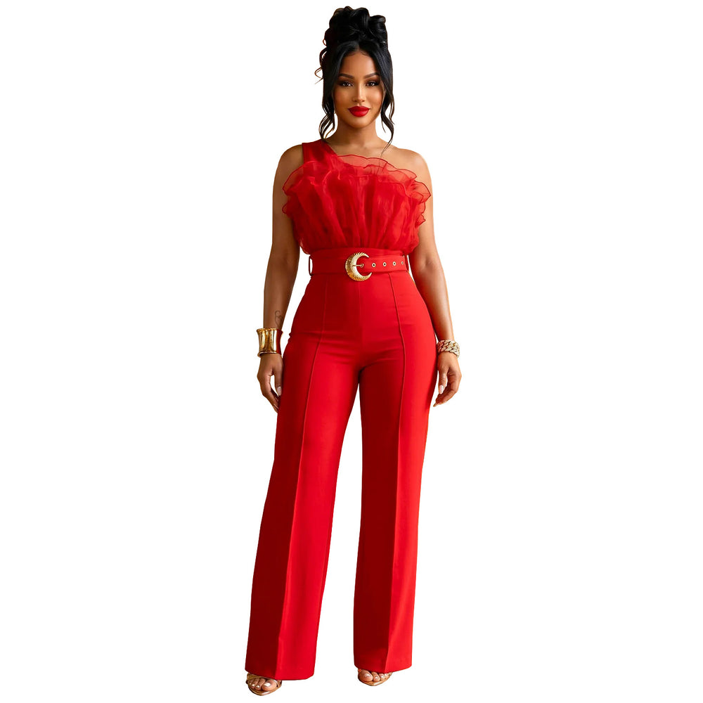 C7765 cross-border  new style accessible luxury mesh oblique shoulder high waist wide leg pants crescent buckle banquet temperament jumpsuit