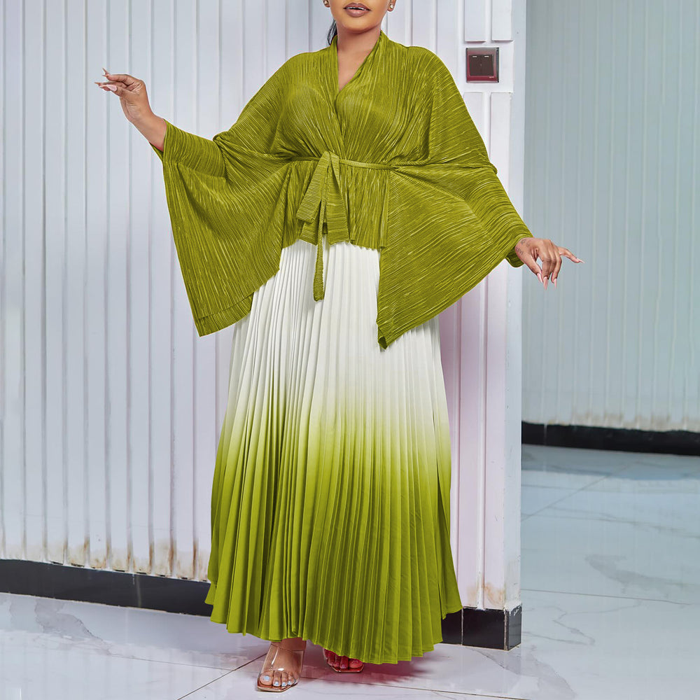 Q120 new  fashion pleated minimalist solid color top and gradient flared skirt two-piece set