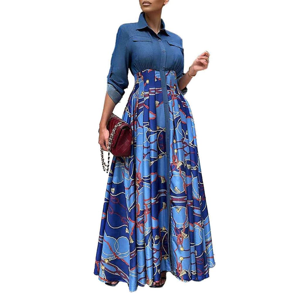 C8551 autumn/winter new plus size women's fashion casual denim patchwork print maxi dress - export quality