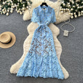 Frenchaccessible luxury heavy industry lacecut out silk dress women's summer k-style lapel waist slimming lookwork clothingelegance long skirt
