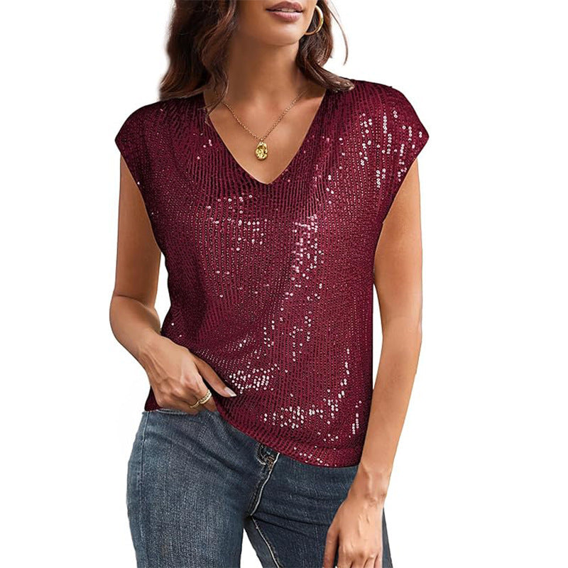 European and american cross-border summer new women's clothing  sexy v-neck sequin beaded shiny party vest t-shirt
