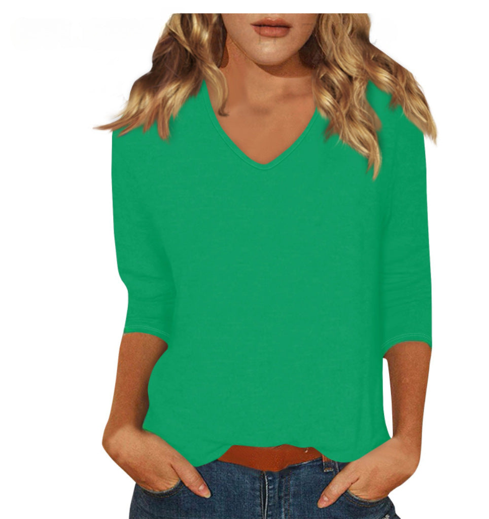 cross-border  women's everyday versatile casual v-neck solid color three-quarter sleeve t-shirt top