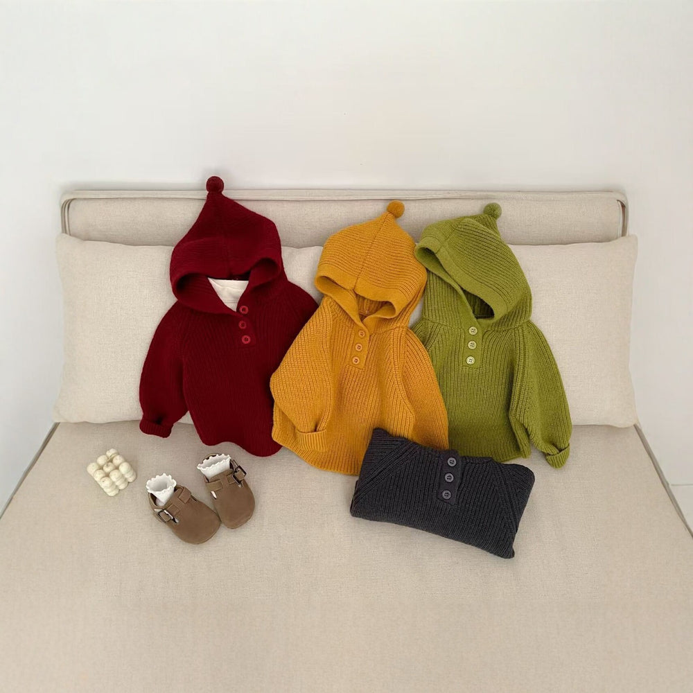 Kids' hooded knit sweater - autumn/winter collection - solid color, thickened, warm pullover for baby boys and girls - infant knit hoodie
