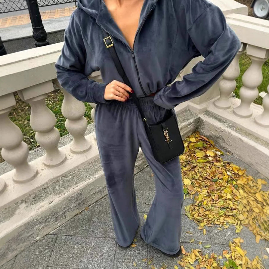 Europe, America, autumn and winter new Spice Girl solid color hooded navel long-sleeved sweater pants set women's fashion suit zipper cardigan